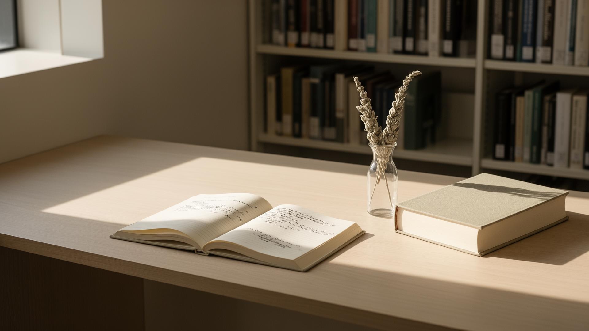 A quiet reading room with morning light across an open notebook
